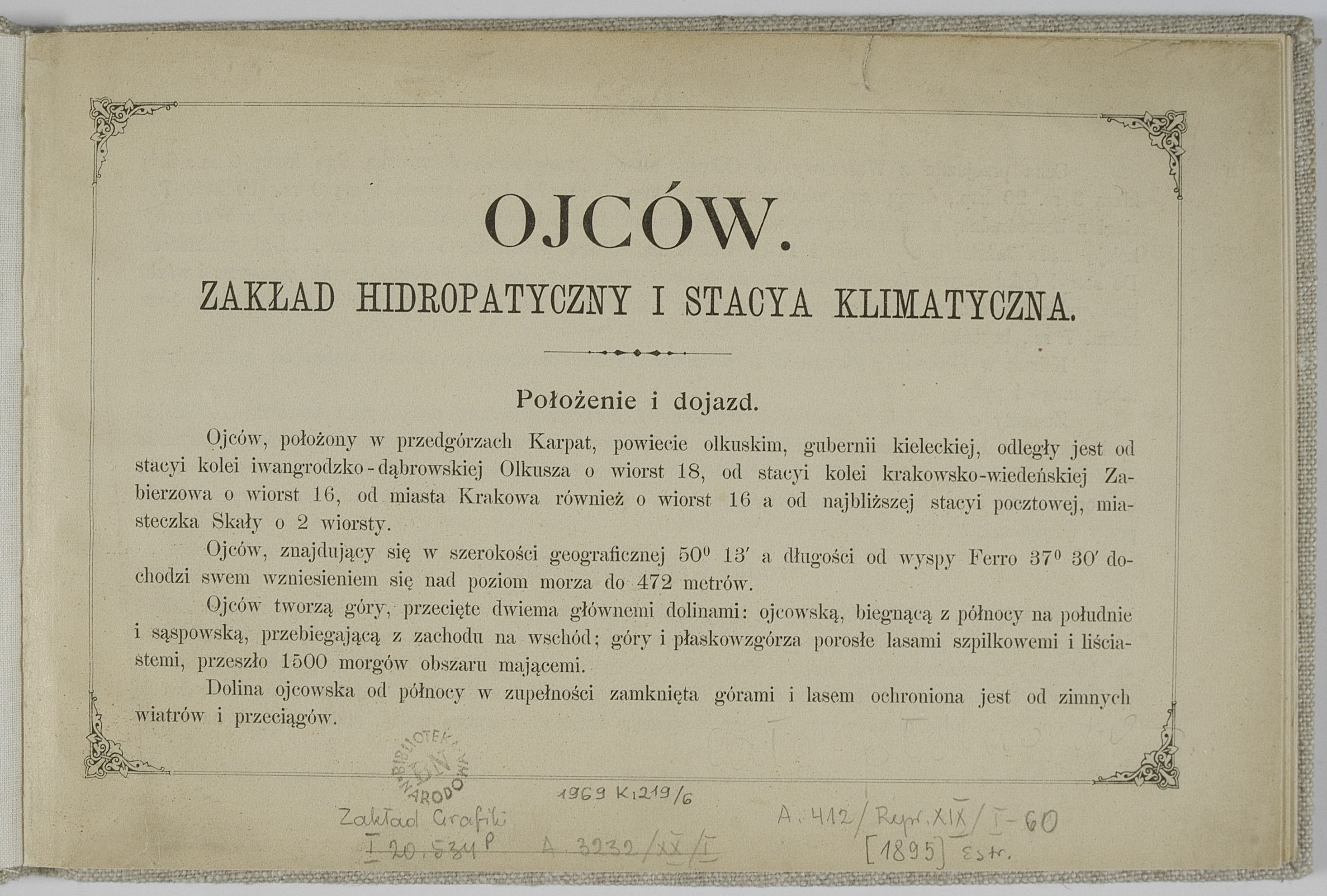 Ojców, Zakład Hidropatyczny Goplana i stacja klimatyczna w Ojcowie. Nakładem Zakładu Hidropatycznego, [1895] (w Krakowie : druk W. L. Anczyca i Spółki)