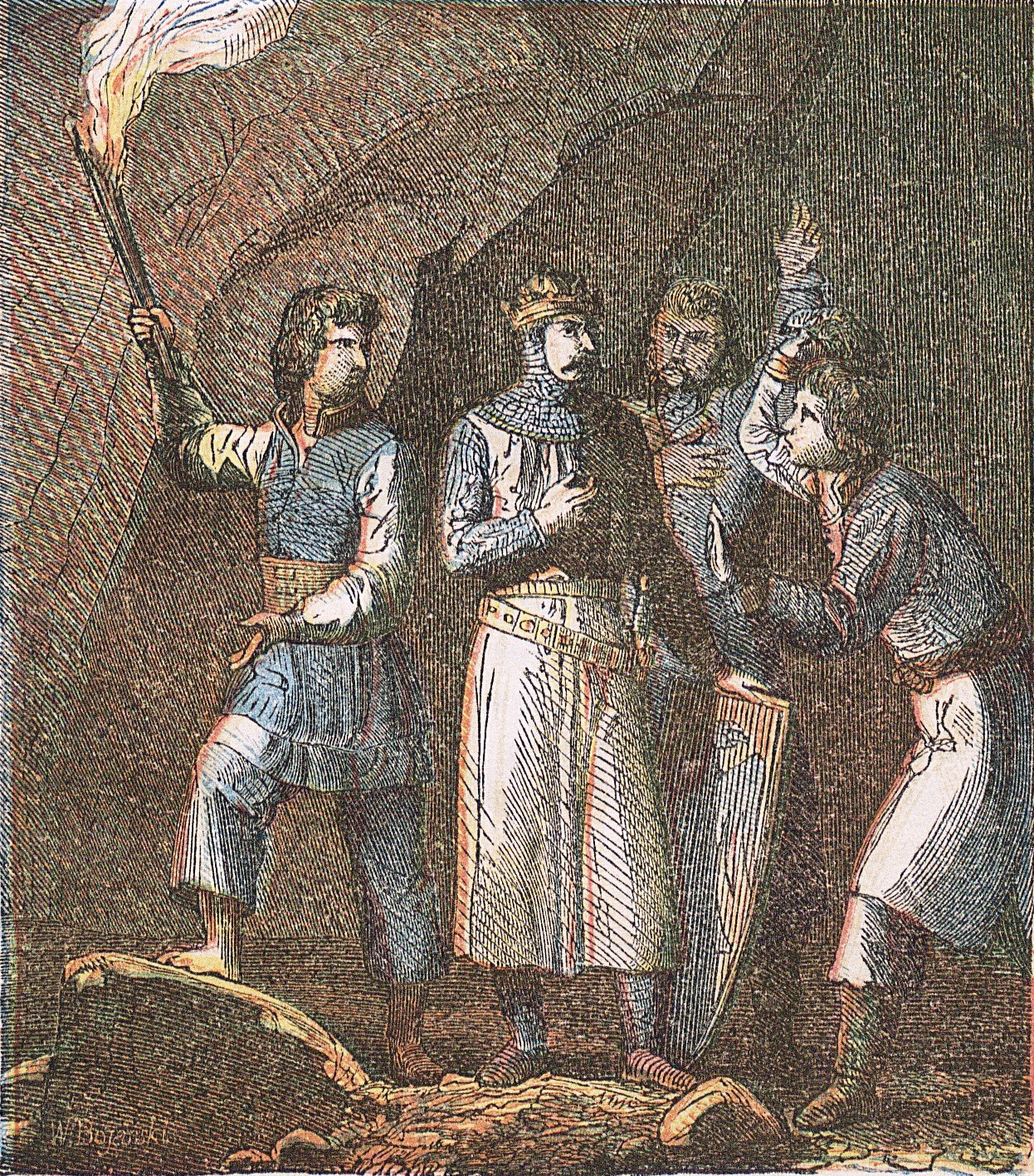 "Władysław Łokietek szuka schronienia przed nieprzyjacielem w jaskini, w Ojcowie, wśród włościan, a oni przysięgają umrzeć w jego obronie."